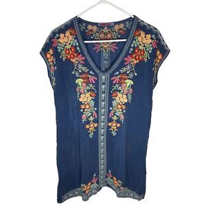 Johnny Was Women's S Blue Embroidered Floral Cap Sleeve Tunic Dress